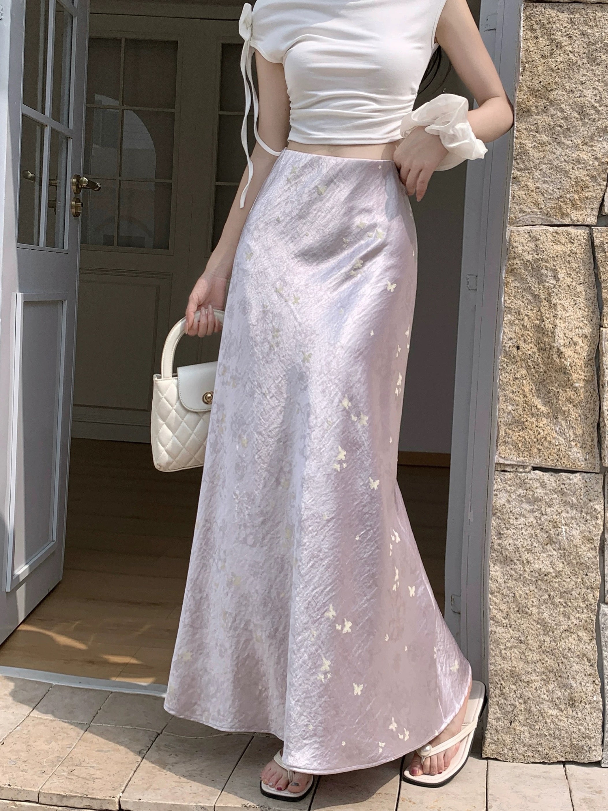 Butterfly Satin Midi Skirt