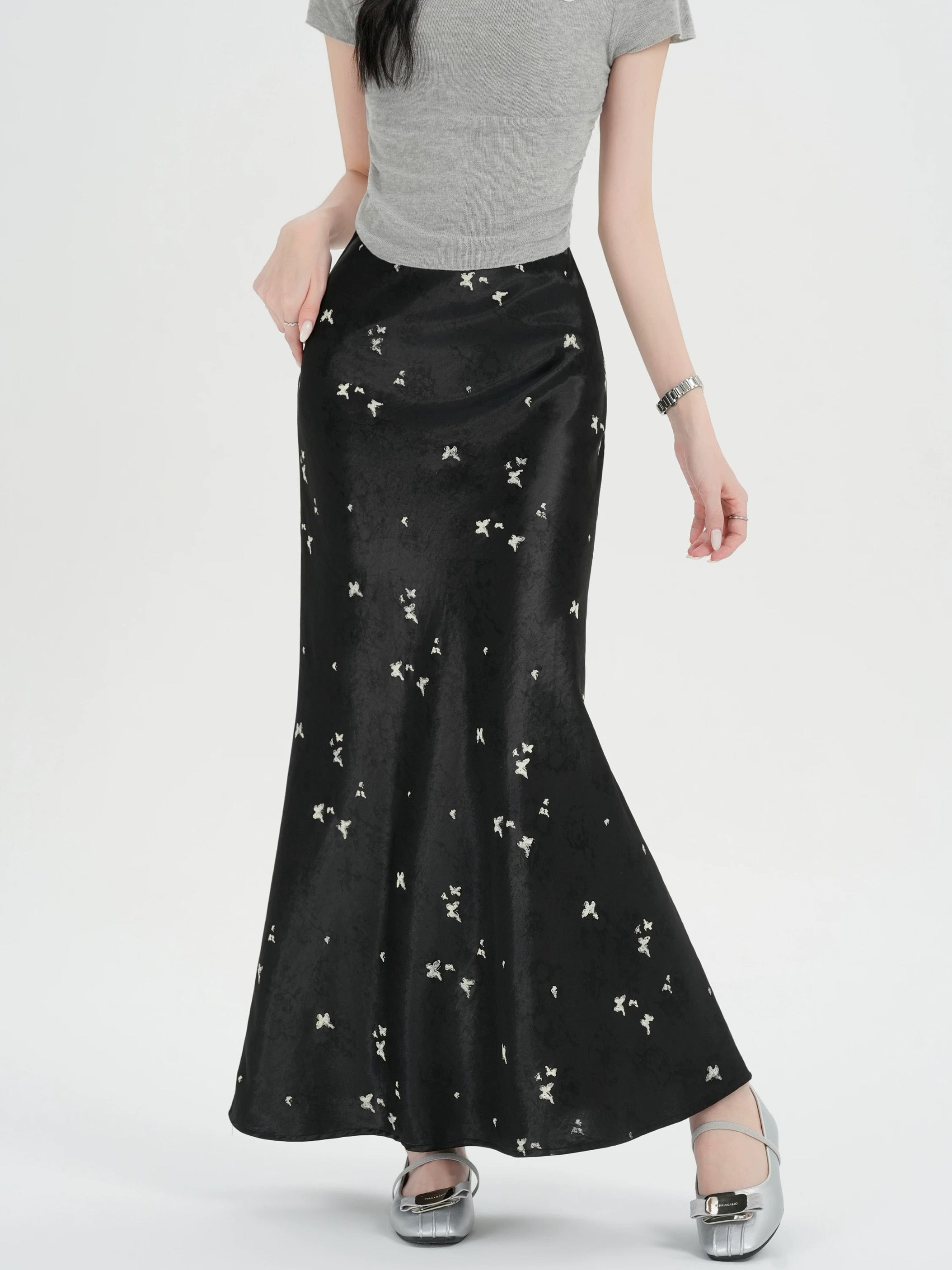 Butterfly Satin Midi Skirt