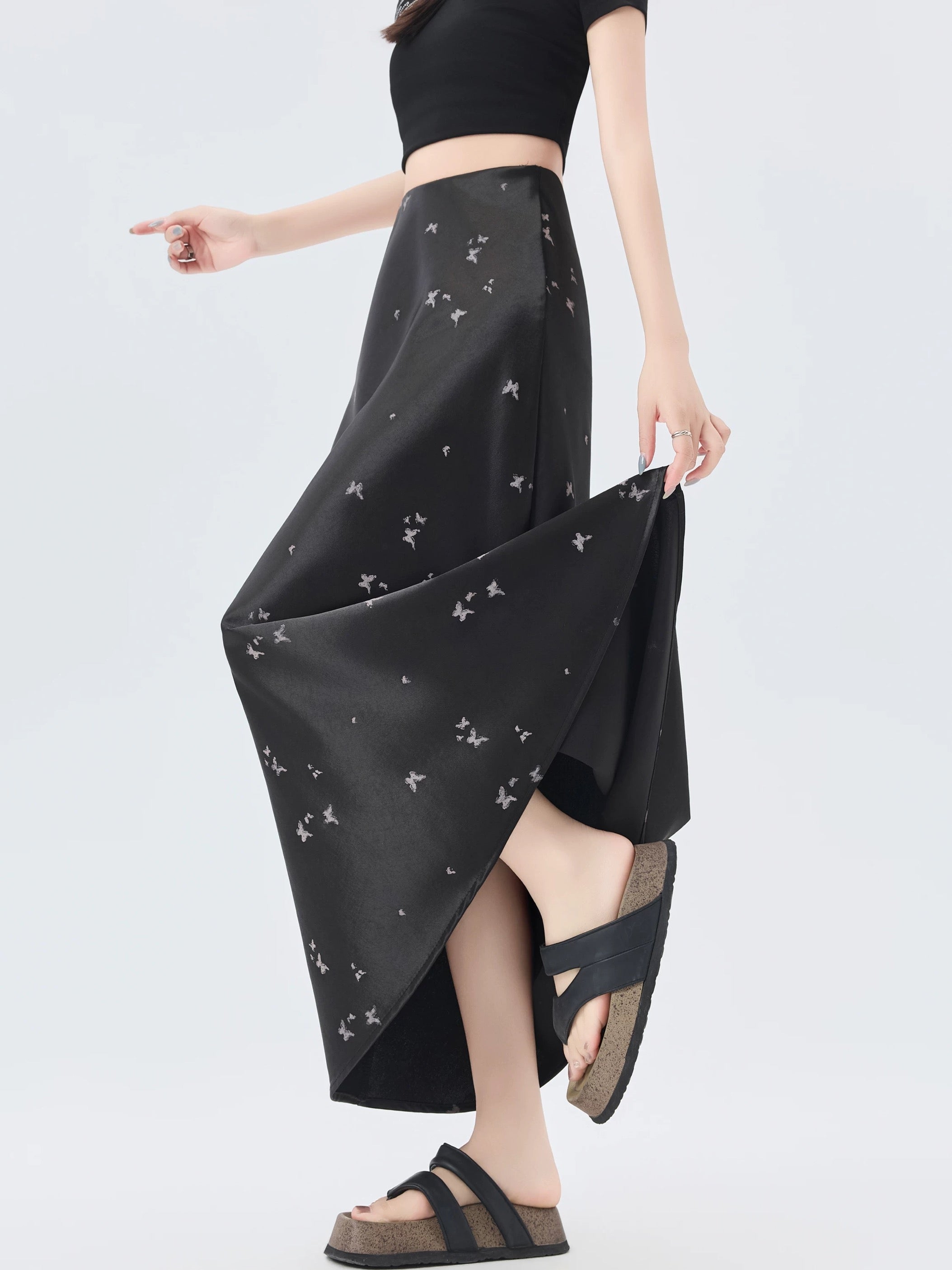 Butterfly Satin Midi Skirt