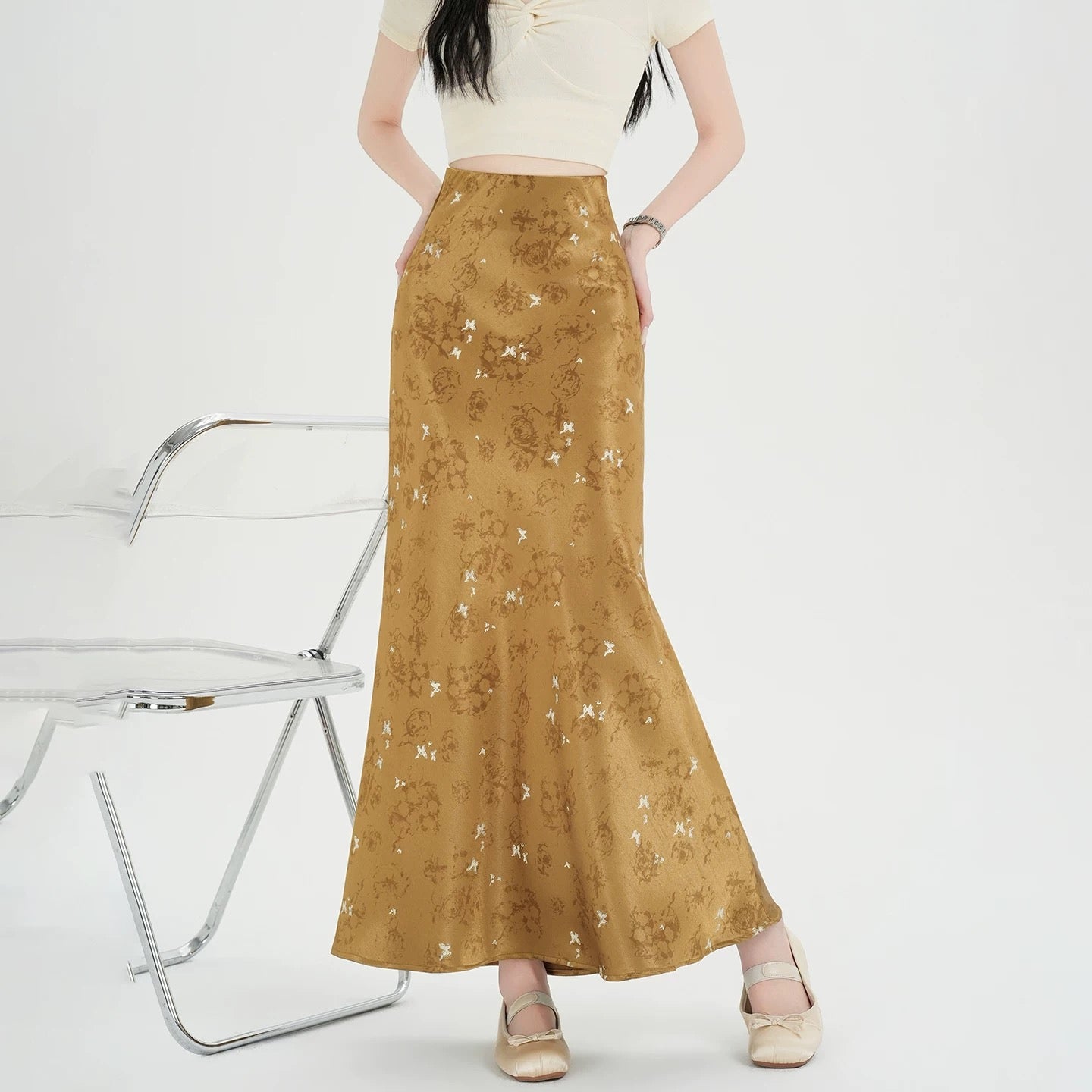 Butterfly Satin Midi Skirt