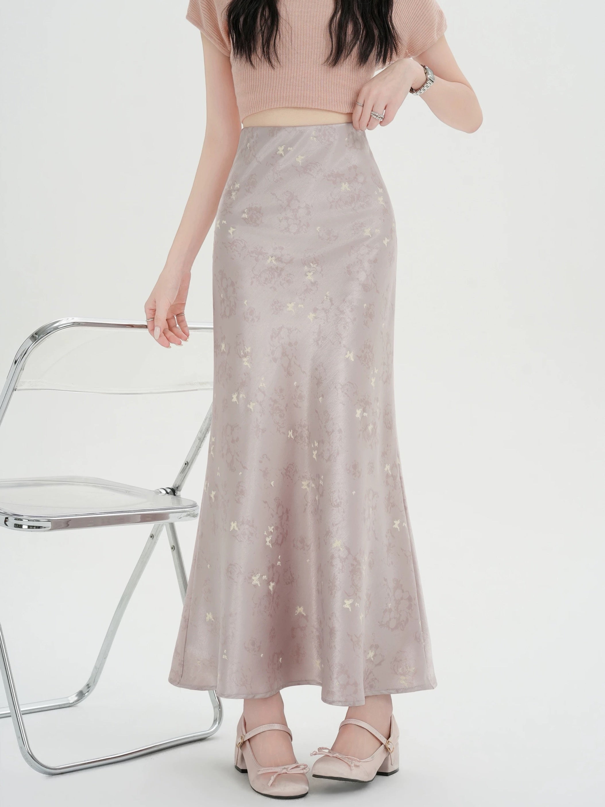 Butterfly Satin Midi Skirt