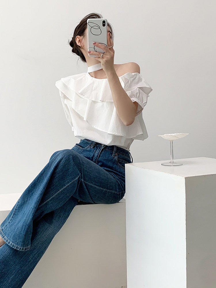 Kori White Ruffle Choker Top