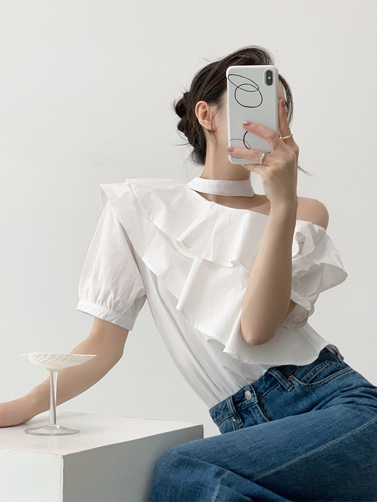 Kori White Ruffle Choker Top