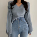 korea chic autumn winter elegant v-neck back careful machine cut-out tie loose balloon sleeve knit sweater women