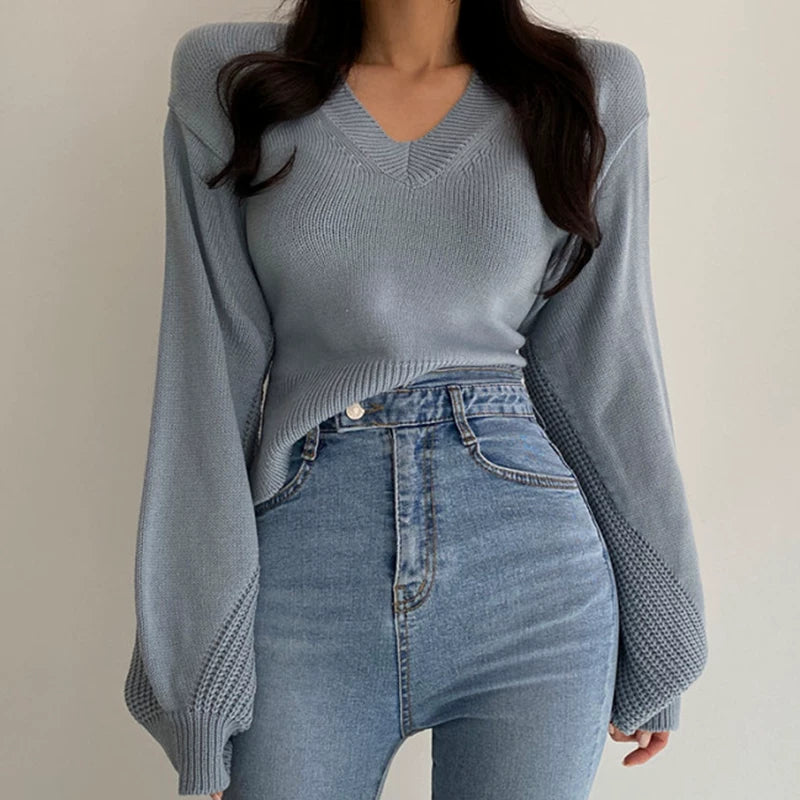 korea chic autumn winter elegant v-neck back careful machine cut-out tie loose balloon sleeve knit sweater women