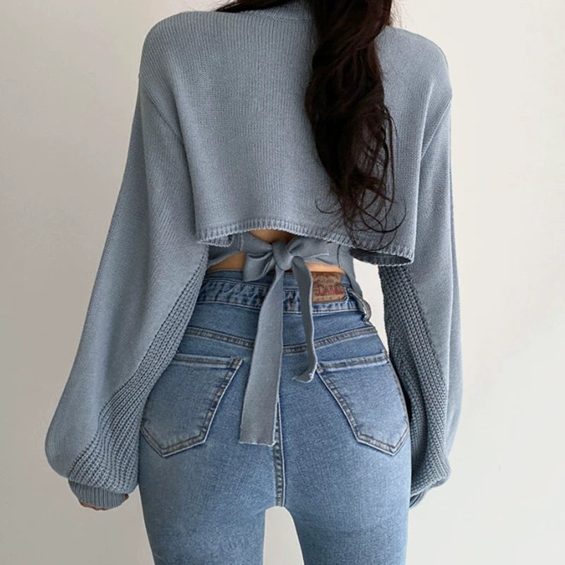 korea chic autumn winter elegant v-neck back careful machine cut-out tie loose balloon sleeve knit sweater women