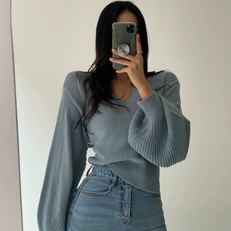 korea chic autumn winter elegant v-neck back careful machine cut-out tie loose balloon sleeve knit sweater women