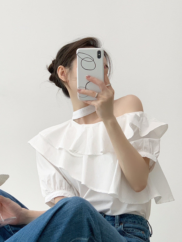 Kori White Ruffle Choker Top